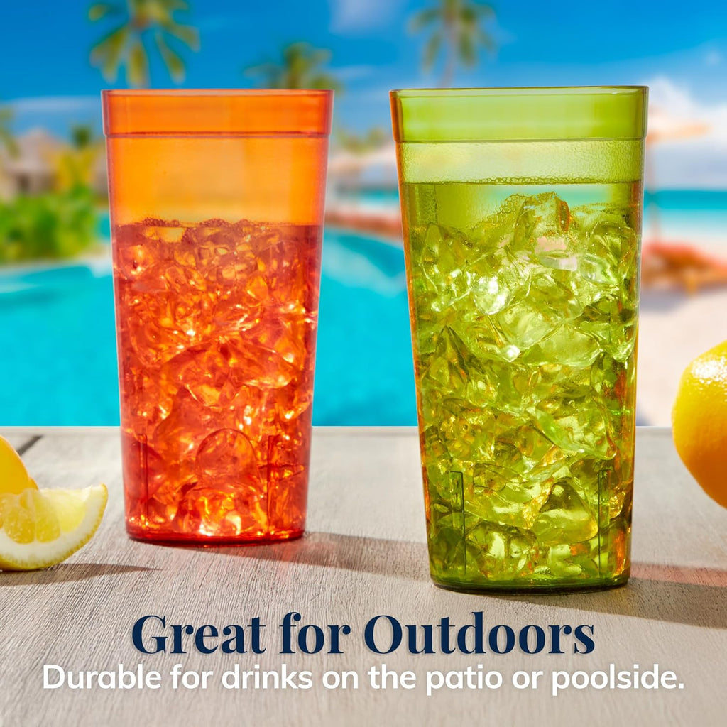 Cafe Plastic Reusable Tumblers (Set of 16) 20-ounce Water Cups Assorted Colors | Restaurant Style Drinking Glasses