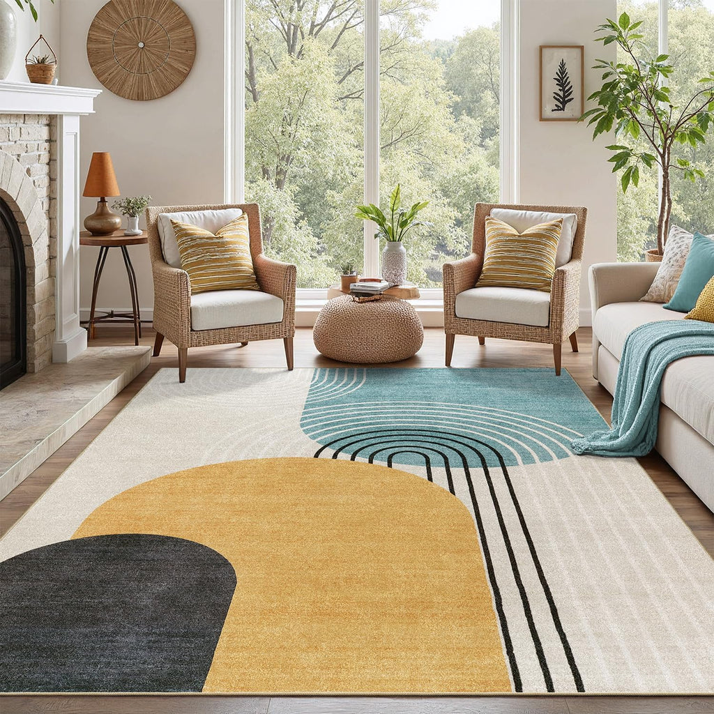 Abstract Machine Washable 5x7 Rug, Mid Century Modern Rug for Living Room, Soft Low Pile Non Slip Carpet, Kid & Pet