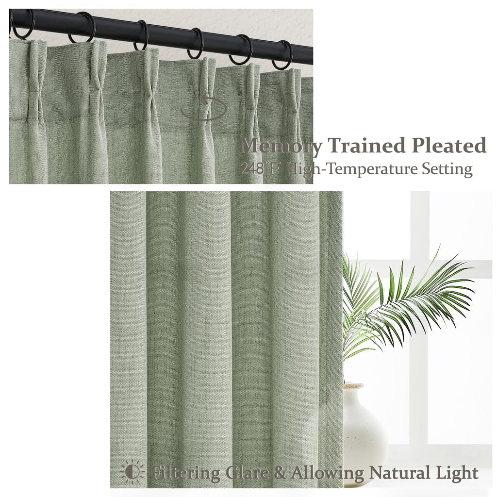 Memory Trained Pinch Pleated Linen Sage Green 100 Inch Long Sheer Curtains