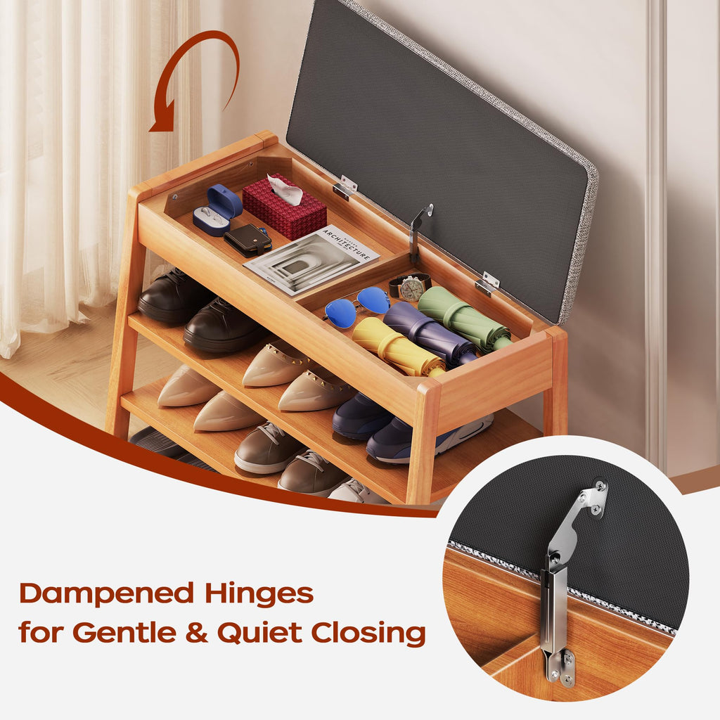 Shoe Rack Bench with Storage, 2-Tier Solid Wood Entryway Bench with Cotton-Linen Cushion, Multipurpose Storage