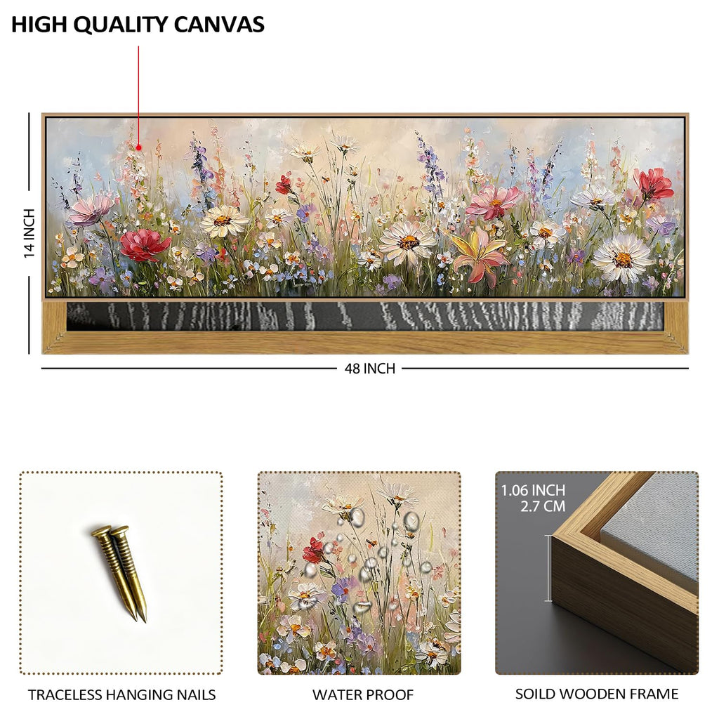 Wood Framed Wildflower Wall Art Bedroom Wall Decor Above Bed, Colorful Flower Poppy Daisy Picture Abstract Nature