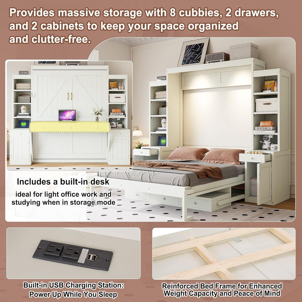 Queen Murphy Bed with Desk & Storage, Wood Wall Bed for Apartments Bedroom Home Office Studio (White#B, Queen)