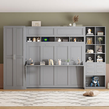 Queen Size Murphy Bed, Wood Wall Bed with Closet, Drawers and Shelves, Gray