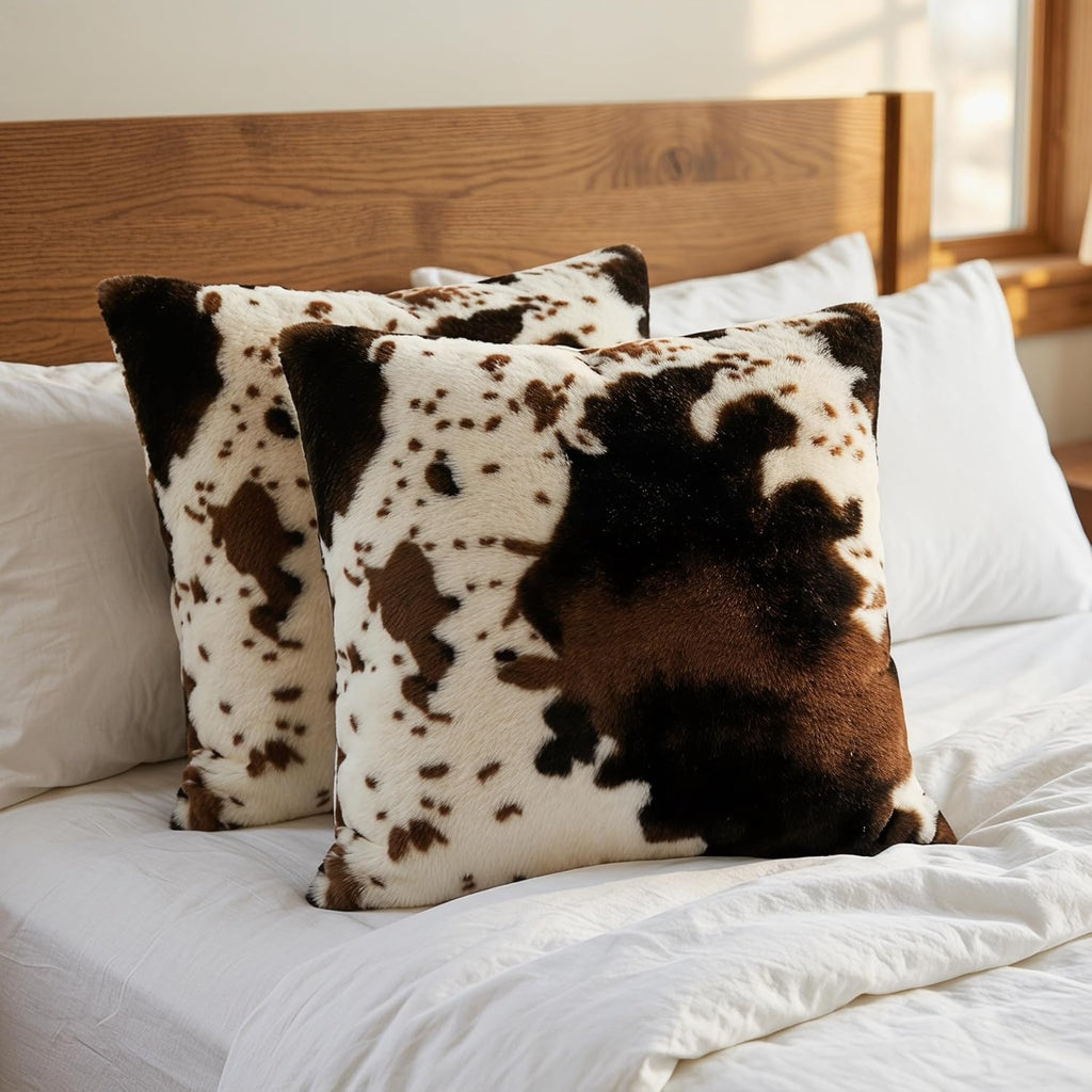 Cowhide Animal Black White and Brown Faux Fur Throw Pillow Covers 18x18 Set of 2 for Chair Bedroom Living Room Sofa
