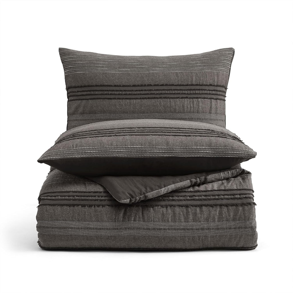 Wonderful Dark Grey Comforter Set King, Yarn Dyed Farmhouse Striped Cotton Lightweight Boho Comforter with Pillow