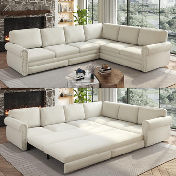 118" Sleeper Sofa Bed, Sectional Couches /Apartment, Chenille L Shaped Couch with Pull Out Couch Bed, Convertible