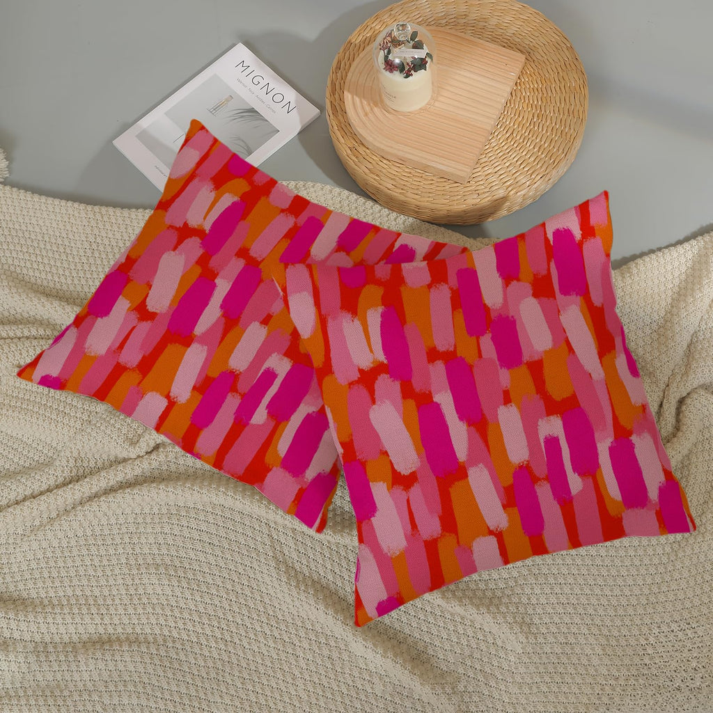 Preppy Hot Pink Pillow Covers 20x20 Inch 2 Pcs Burnt Orange Abstract Paint Decor Throw Pillows Modern Aesthetic Funky