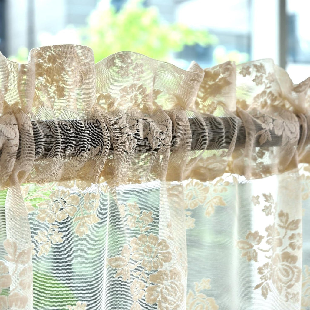 Beige Lace Valance Curtain for Kitchen Window, Rusitc Floral Vintage Cream Sheer Valance Over Sink 18 Inch Length