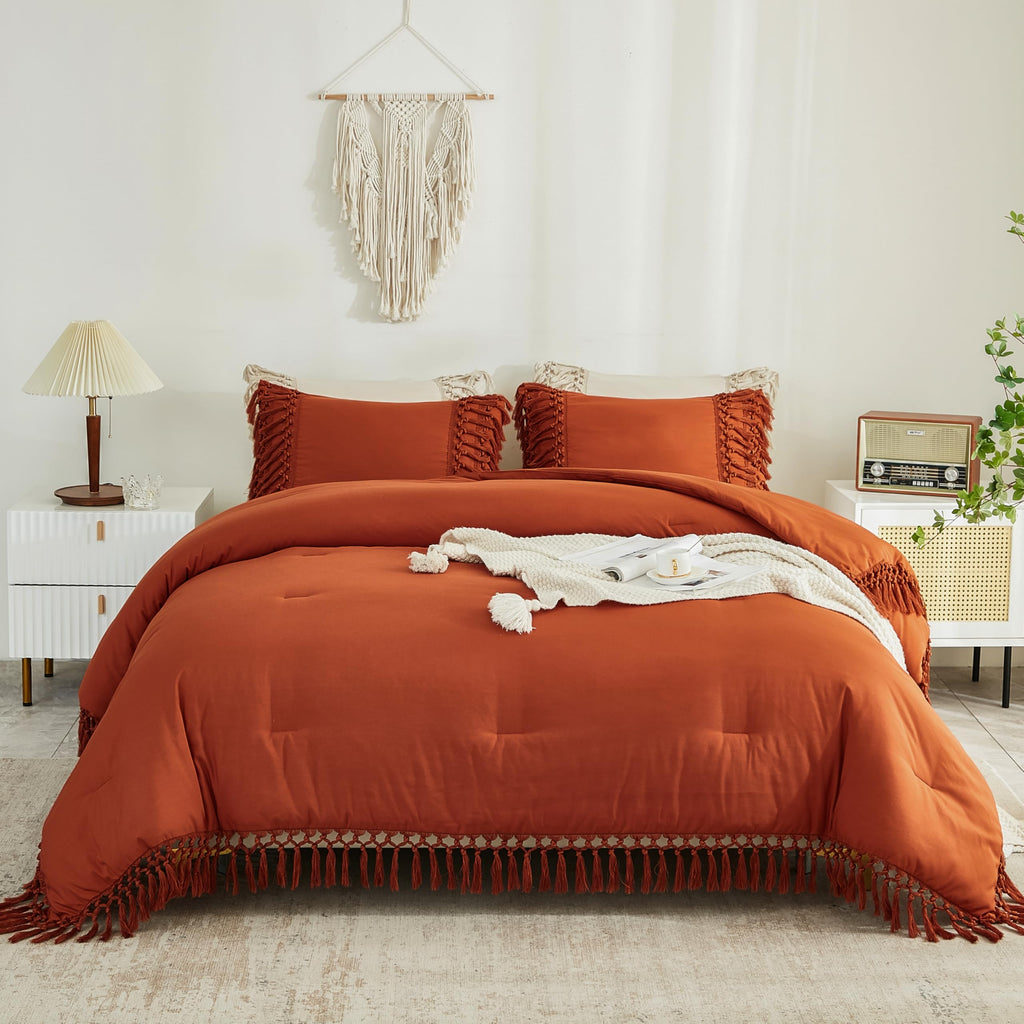 Terracotta Comforter Set King, 3 Pieces Boho Tassel Bedding