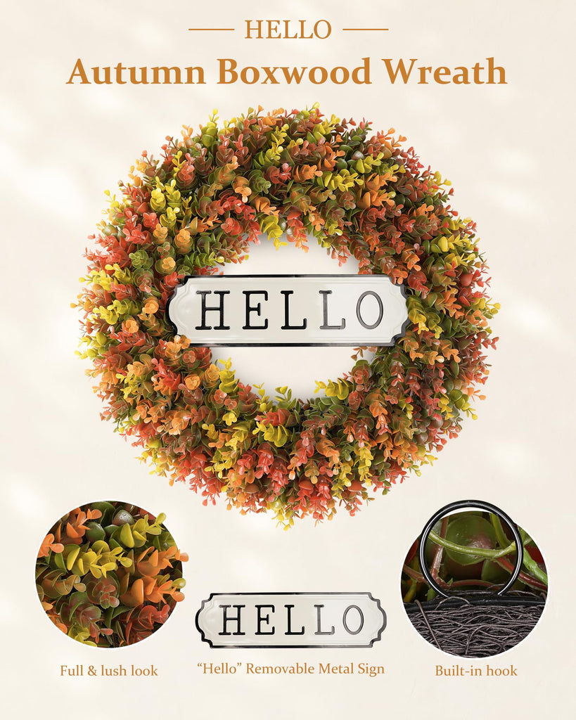 24" Fall Wreath for Front Door, Artificial Boxwood Autumn Wreath
