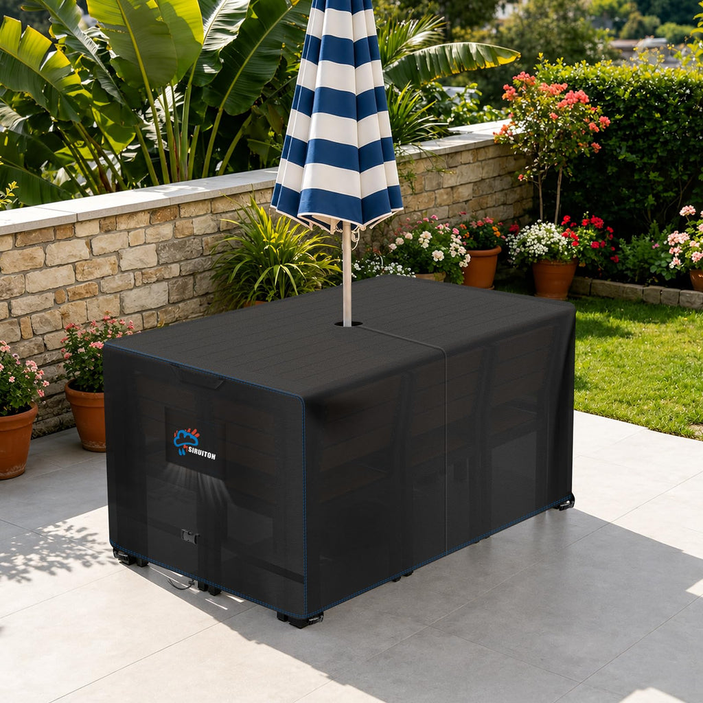 108" Rectangular Patio Dining Table Cover with Umbrella Hole 600D