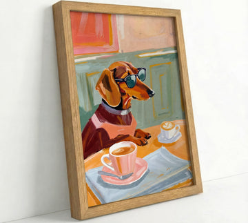 Framed Dachshund Wall Art Funny Dog with Sunglasses Drinking Coffee Poster Whimsical Wiener Dog Decor, Coffee Bar
