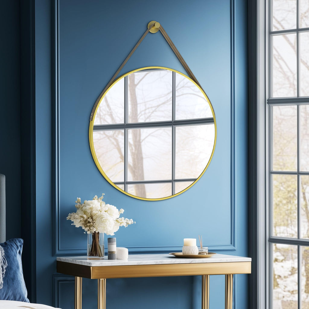 Hanging Strap Wall Mirror: 27.5in Round Bathroom Mirror Gold Frame