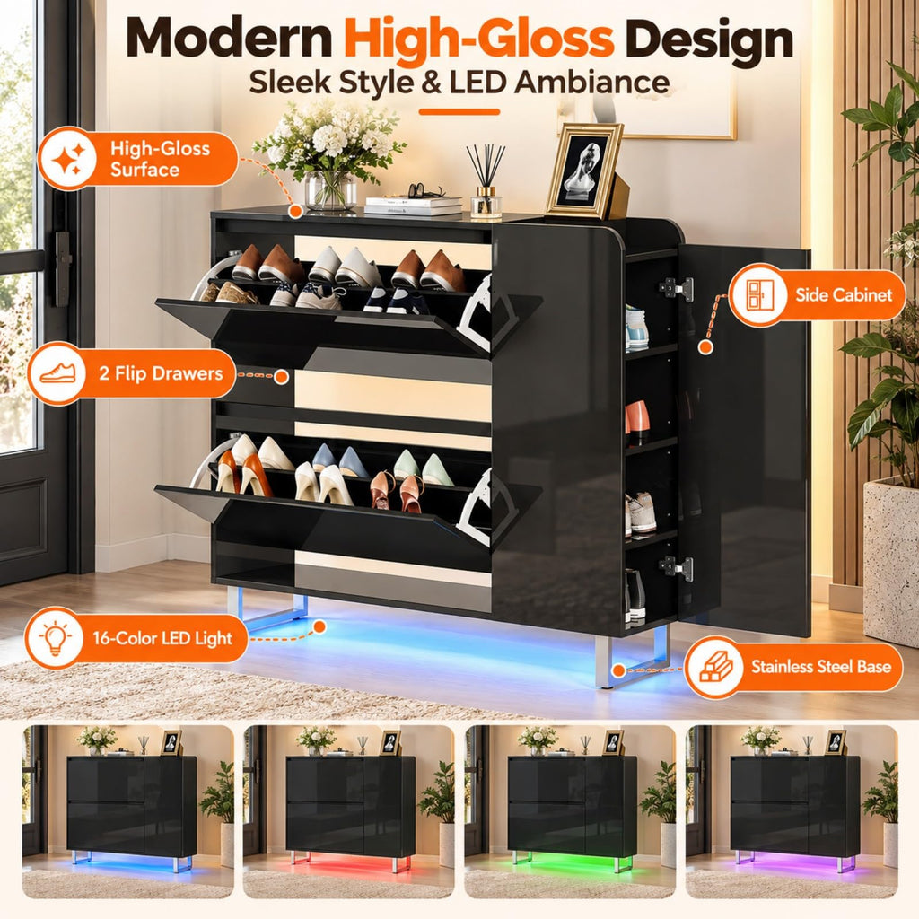High Gloss Shoe Cabinet, 2 Flip Drawers with LED, Black