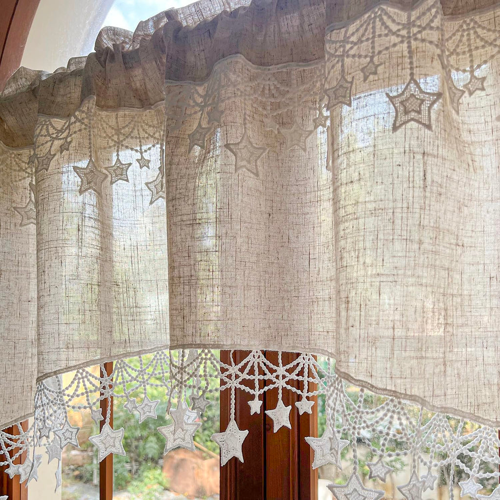 1 Panel Boho Style Beige Arched Linen Cafe Curtain Valance with Stars Trim