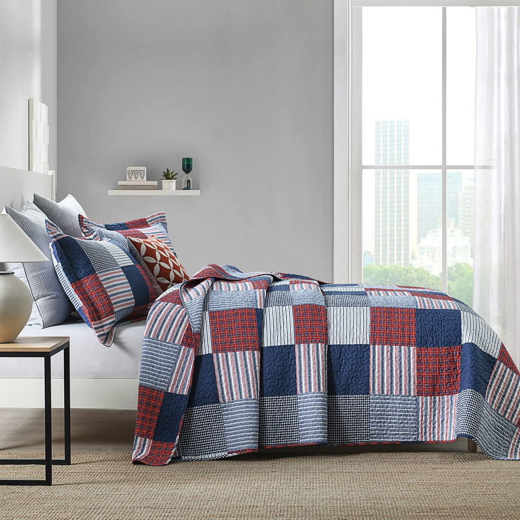 Quilt Set, 100% Cotton Quilt, Blue Red White Patchwork Plaid Quilt Sets, Lightweight