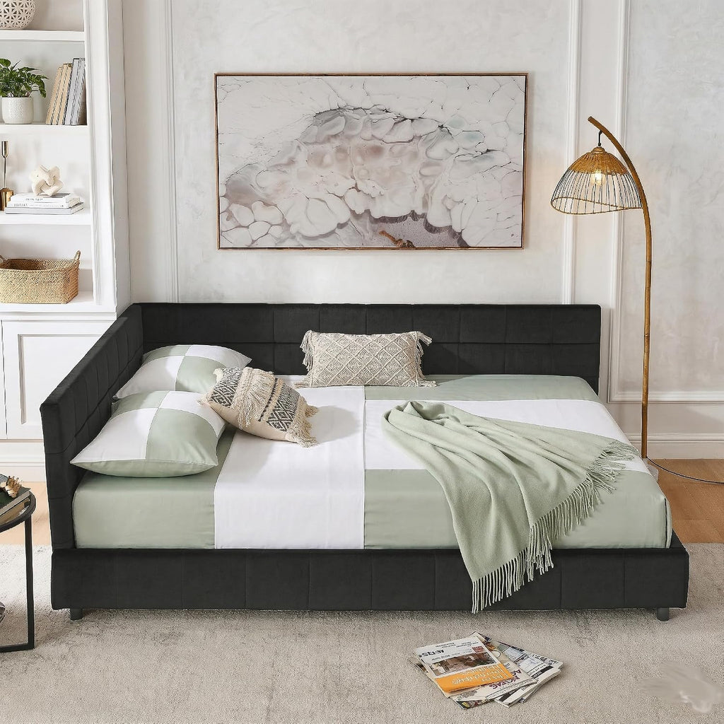 Queen Size Daybed L-Shaped, Modern Velvet Upholstered Sofa Day Bed Frame with Wood Slats Bedroom Guest Room, No Box