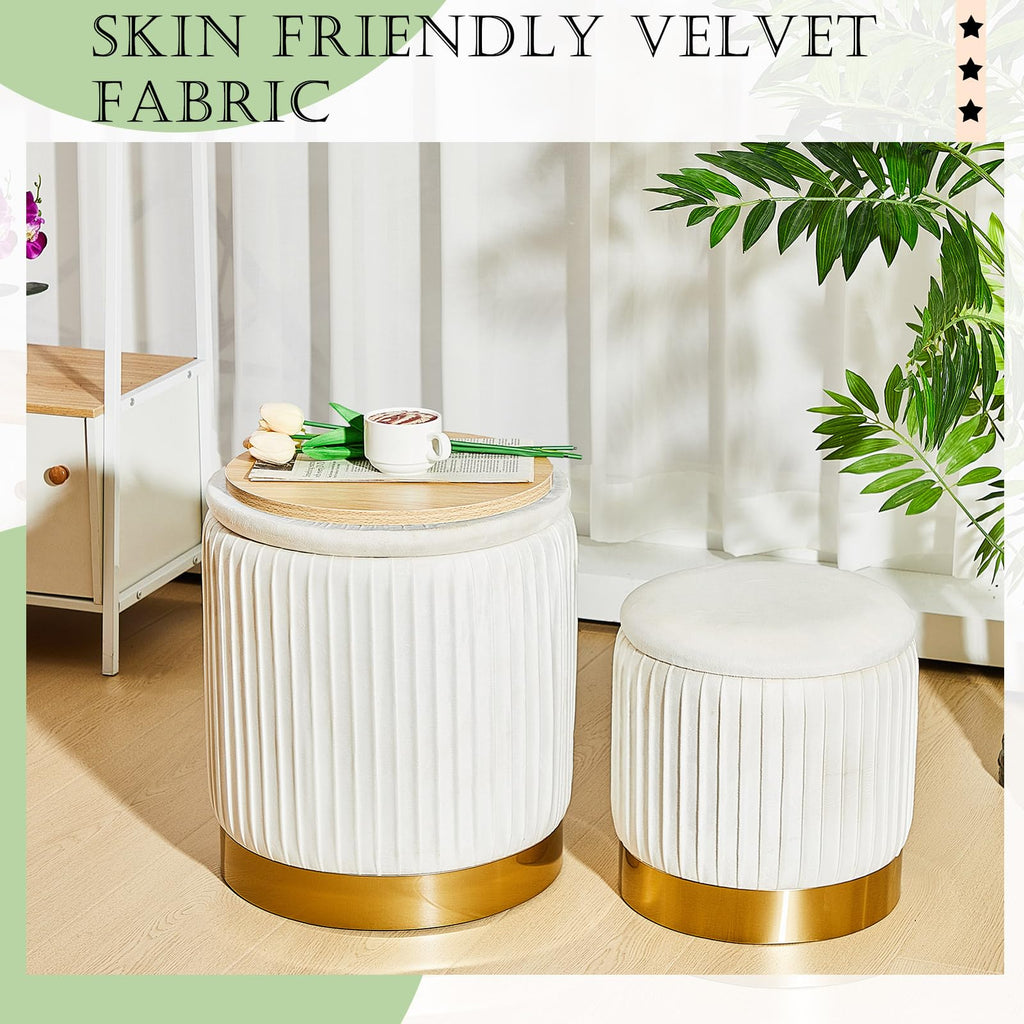 2 Pcs Round Ottoman with Storage White Velvet Storage Ottoman Stool with Removable Lid Gold Base Living Room Bedroom