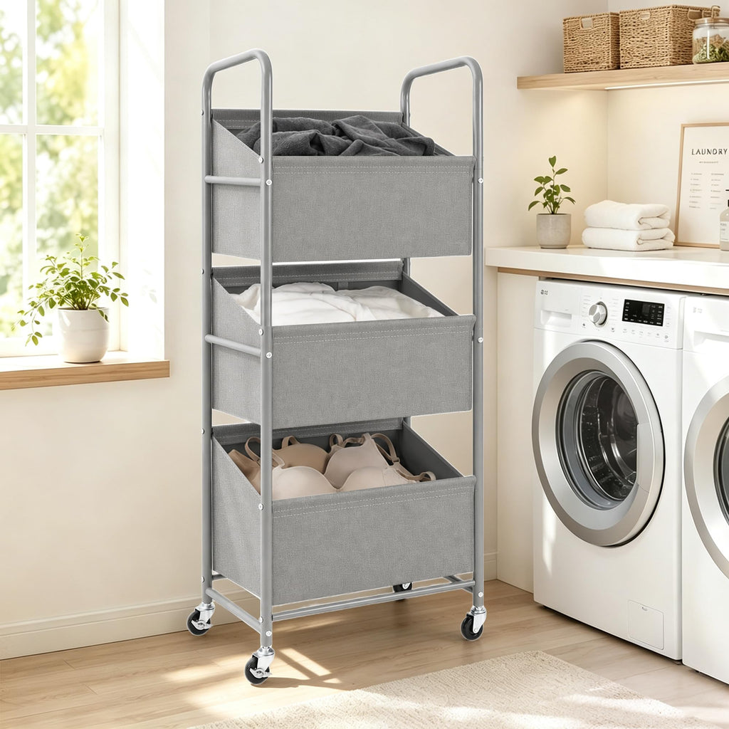 3-Tier Vertical Rolling Laundry Hamper, Removable Bags, Gray Faric