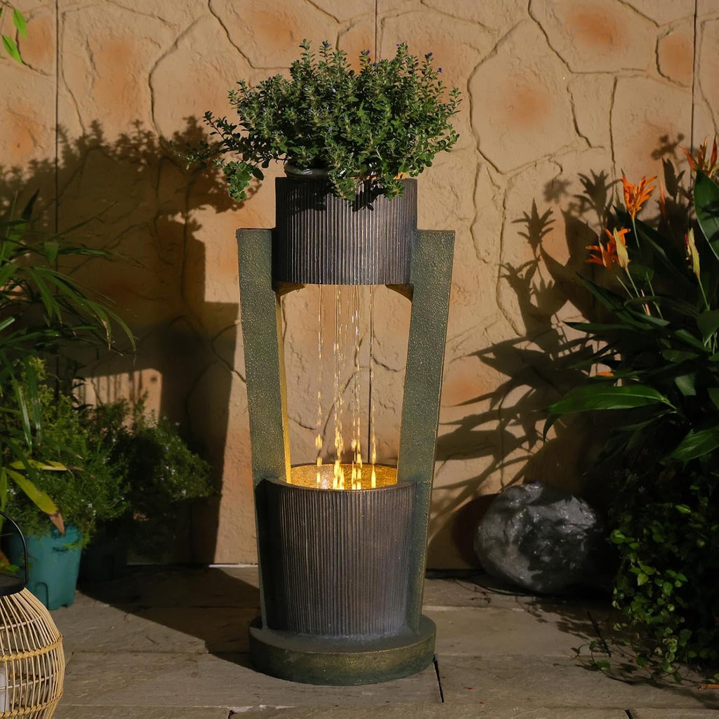 31H Realistic Rock Outdoor Water Fountain with LED Light | Cascading Rock Waterfall, Resin Material, Ideal Backyard