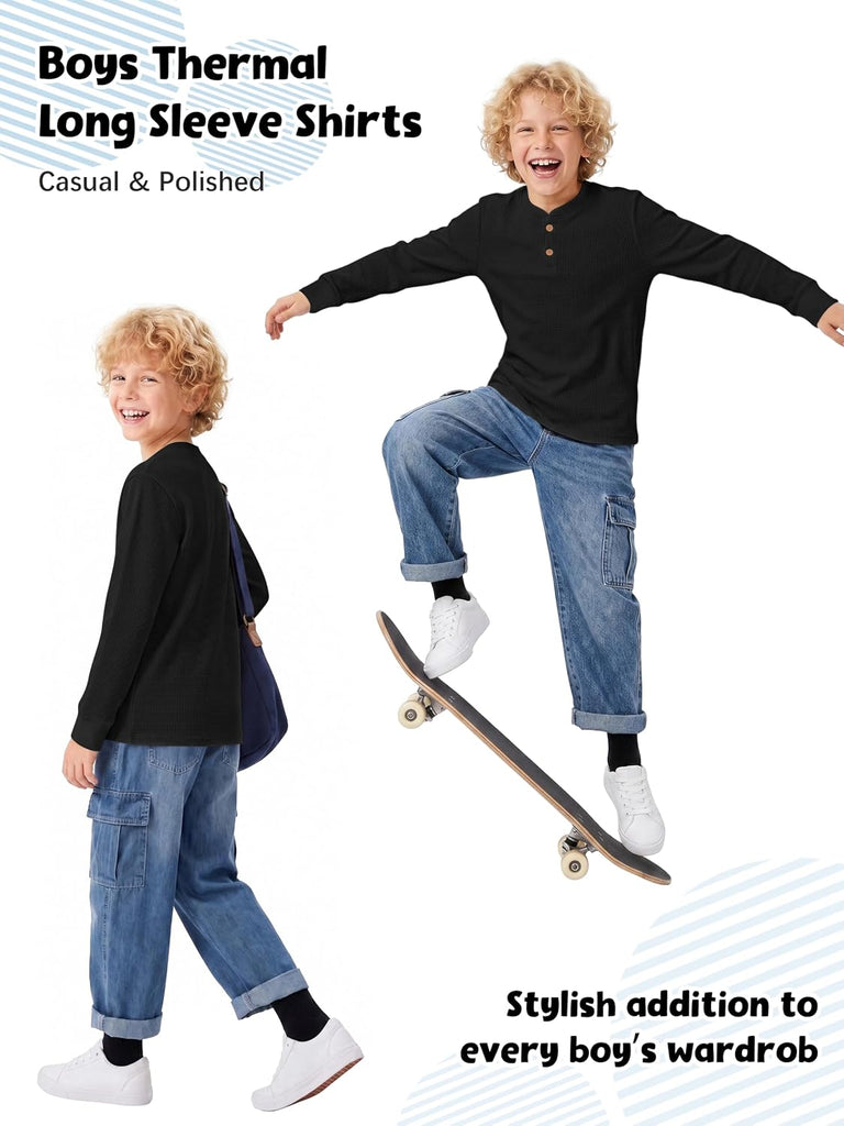 Boys Henley Long Sleeve Soft Boys Long Sleeve Shirts Waffle Thermal Henley T-Shirts Fall Base Layer Tees for Kids