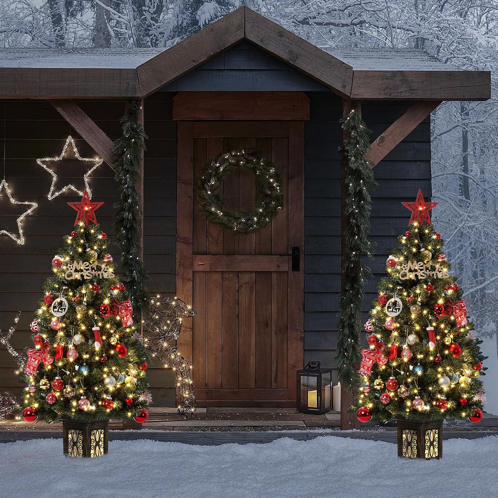 4.5 Ft Artificial Fiber Optic Christmas Tree, Pre-Lit Artificial Potted Xmas Tree with 300 Led Lights, 8 Lighting