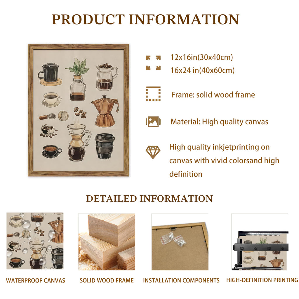 Framed Vintage Coffee Canvas Wall Art, Funky Espresso Coffee Tools Poster Prints, Modern Farmhouse Aesthetic