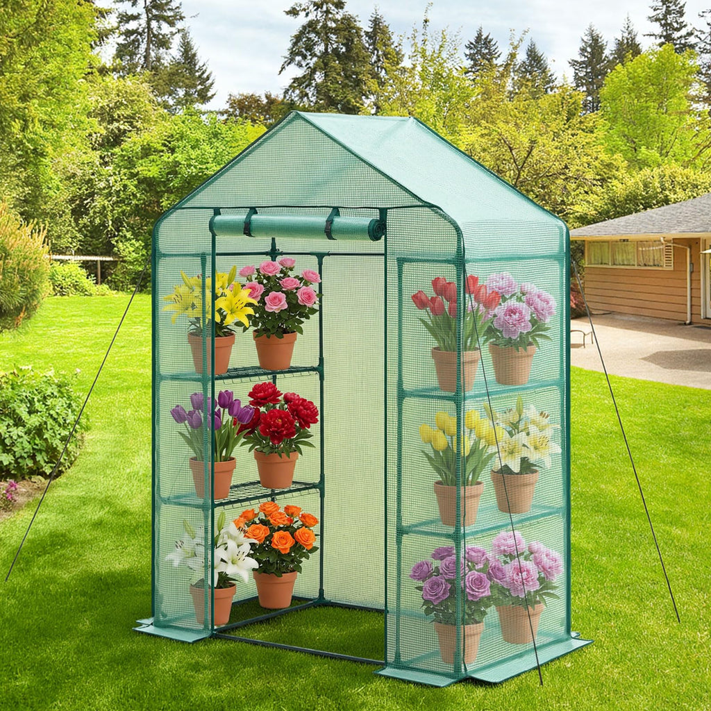 Walk-in Greenhouse, 55.5" x 28.3" x 78.7" Greenhouse for Outdoors with PE Cover, 2 Tiers 4 Shelves, Roll-Up Zipper
