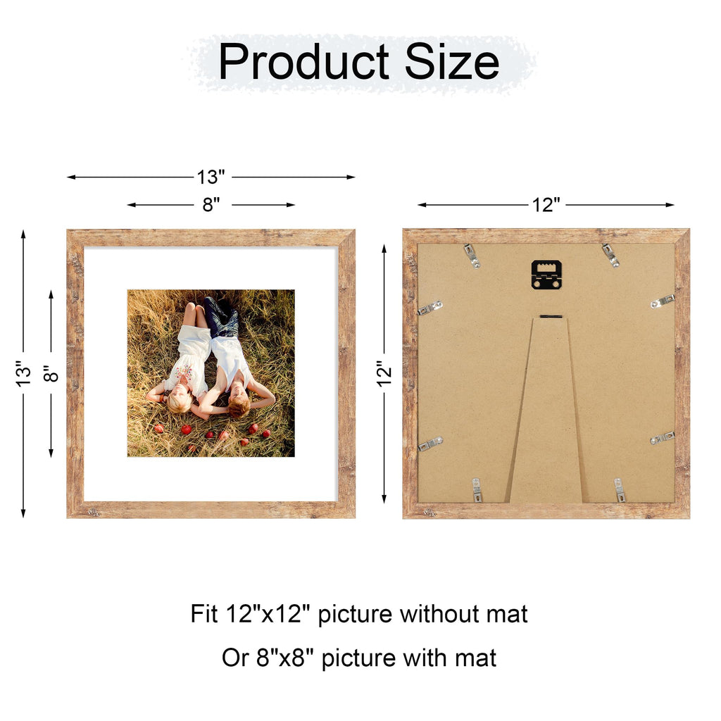 12x12 Picture Frame with HD Tempered Glass, Display Pictures 8x8 with Mat or 12 x 12 Without Mat, Wood Photo Frames