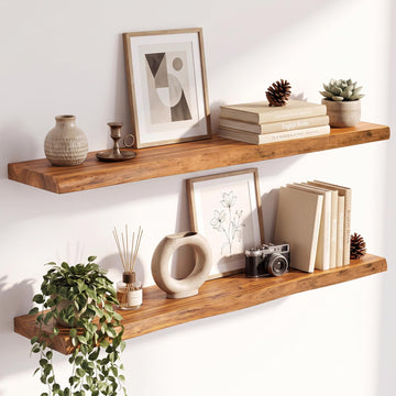 Live Edge Elm Floating Shelves - 40 In Rustic Solid Wood Shelves with Heavy-Duty Invisible Bracket, Wall-Mounted