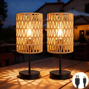 Rechargeable Outdoor Table Lamps, Rattan Boho Cordless Battery Operated Table Lamps, Patio Lamp, Balcony, Bedside