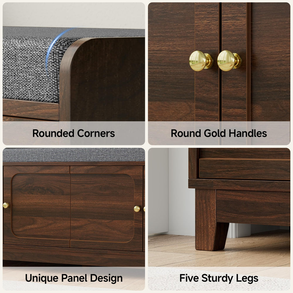 2-Tier Shoe Storage Bench w/4 Doors & Thickened Padded Seat Cushion, Walnut