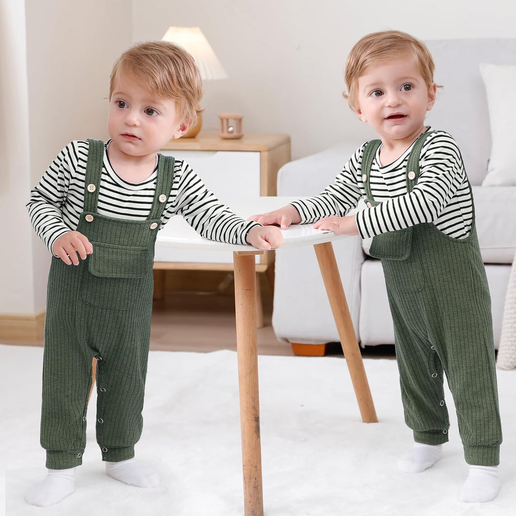 Newborn Baby Boy Clothes Infant Boy Romper Fall Winter Outfits Bodysuit 2Pcs Striped Long Sleeve Top Overalls