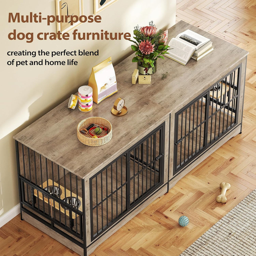 78 Double Dog Crate Furniture for 2 Large Dogs Indoor, Wooden Furniture Dog Crates with Dog Bowl, Dog Kennel