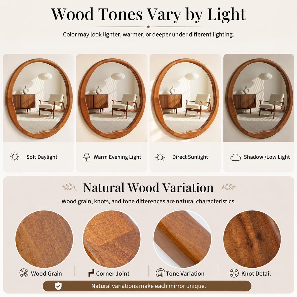 30 Inch Warm Walnut Round Wood Bathroom Mirror, Wavy Inner Edge