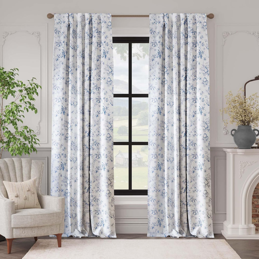 Blue 100% Blackout Curtains for Bedroom 96 Inch Length, Country Flower Floral Curtains for Living Room Toile