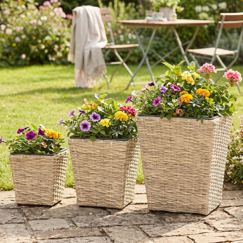 3-Piece Rattan Planter Box Kit, Wicker Planters with Removable Plastic Liners for Indoor & Outdoor Plants