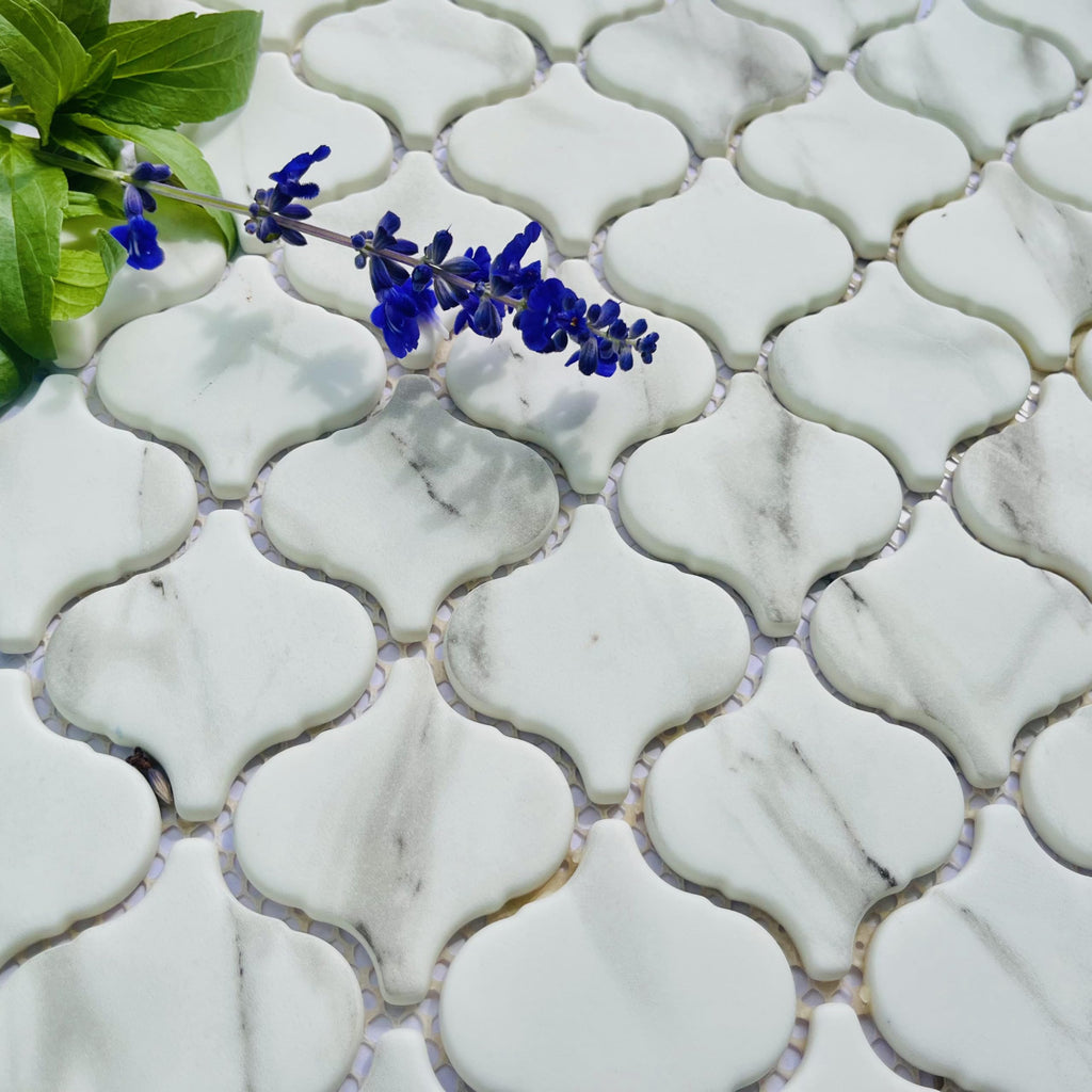 White Arabesque Glass Mosaic Tile, Carrara Marble Look Lantern Pattern, Matte Finish Backsplash Tile, Shower Wall &