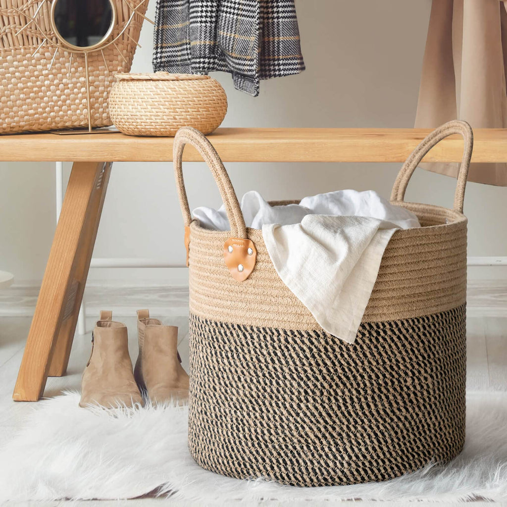 Wicker Storage Basket with Leather Handles, 14" x 12", Black