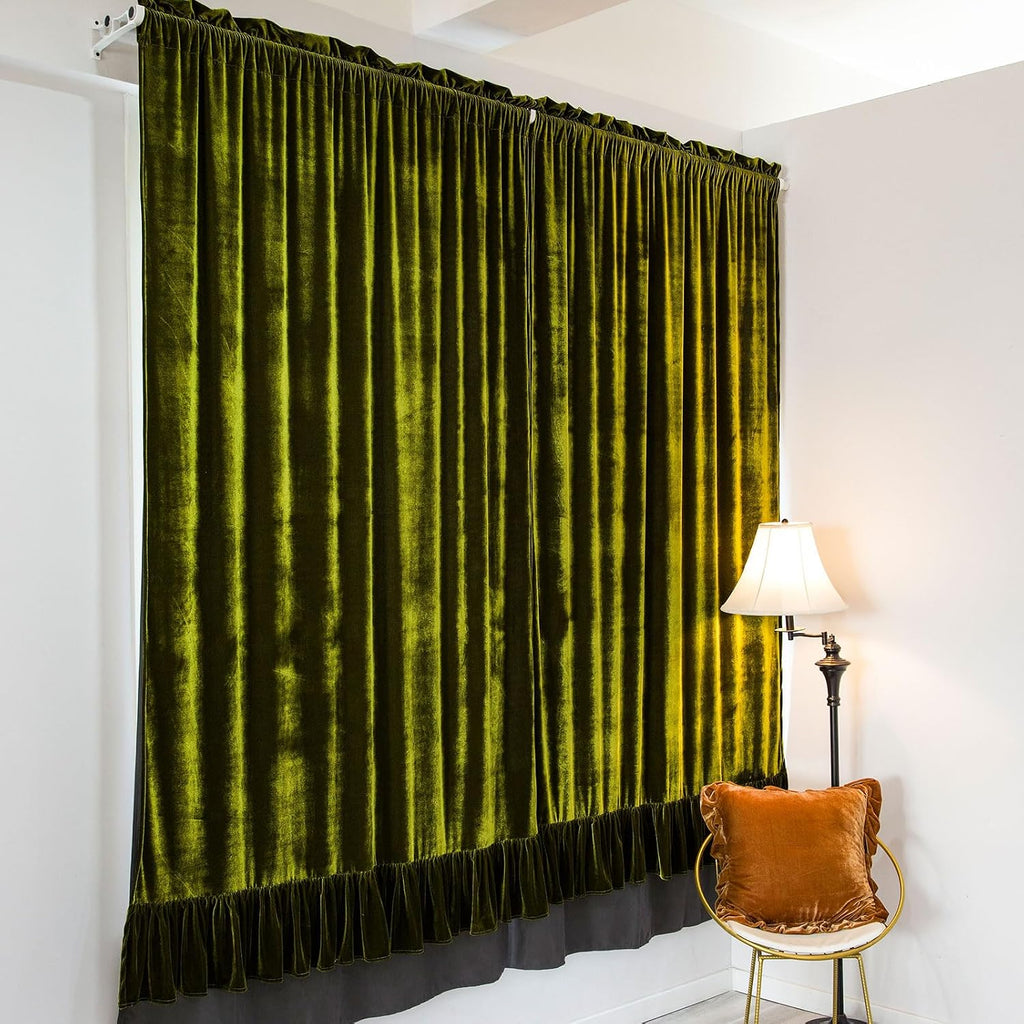 Velvet Curtains Set of 2 Retro Ruffle Flounces Trim Soft Decorative Luxurious Solid Olive Green Farmhouse Vintage