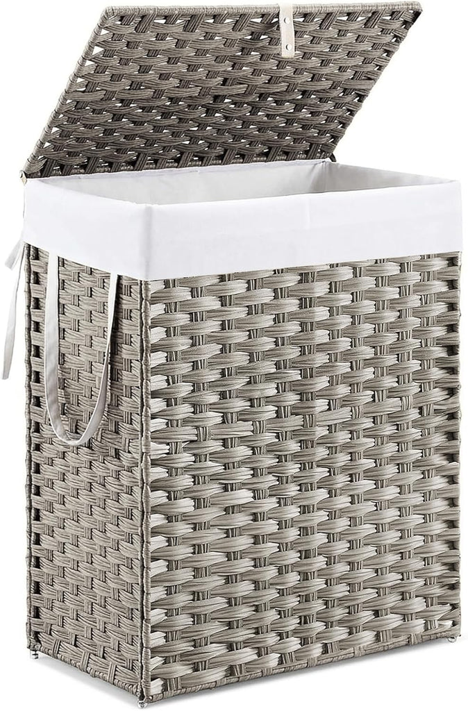 Woven Laundry Basket with Lid, 90L Large Capacity Hamper, Removable & Machine-Washable Liner, Foldable Rattan Clothes