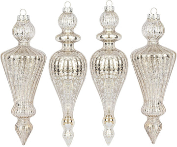 Mercury Glass Finial Christmas Ornaments Set of 4 Champagne Silver Large Hanging Christmas Finials for Xmas Tree