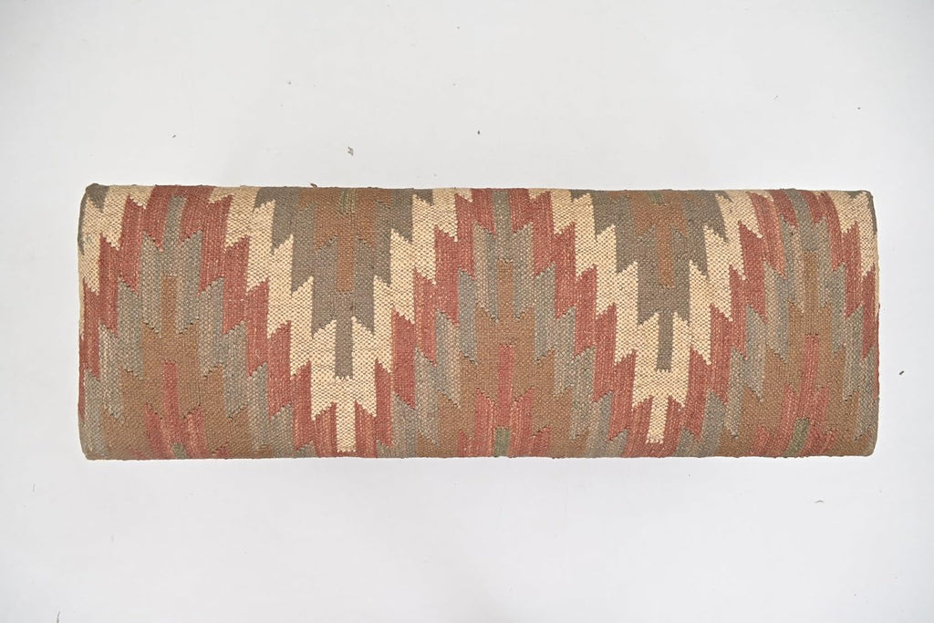 Acacia Wood Kilim Jute Fabric Upholstered Bench | Southwestern Pattern Wooden Ottoman with Turned KD Legs , End of