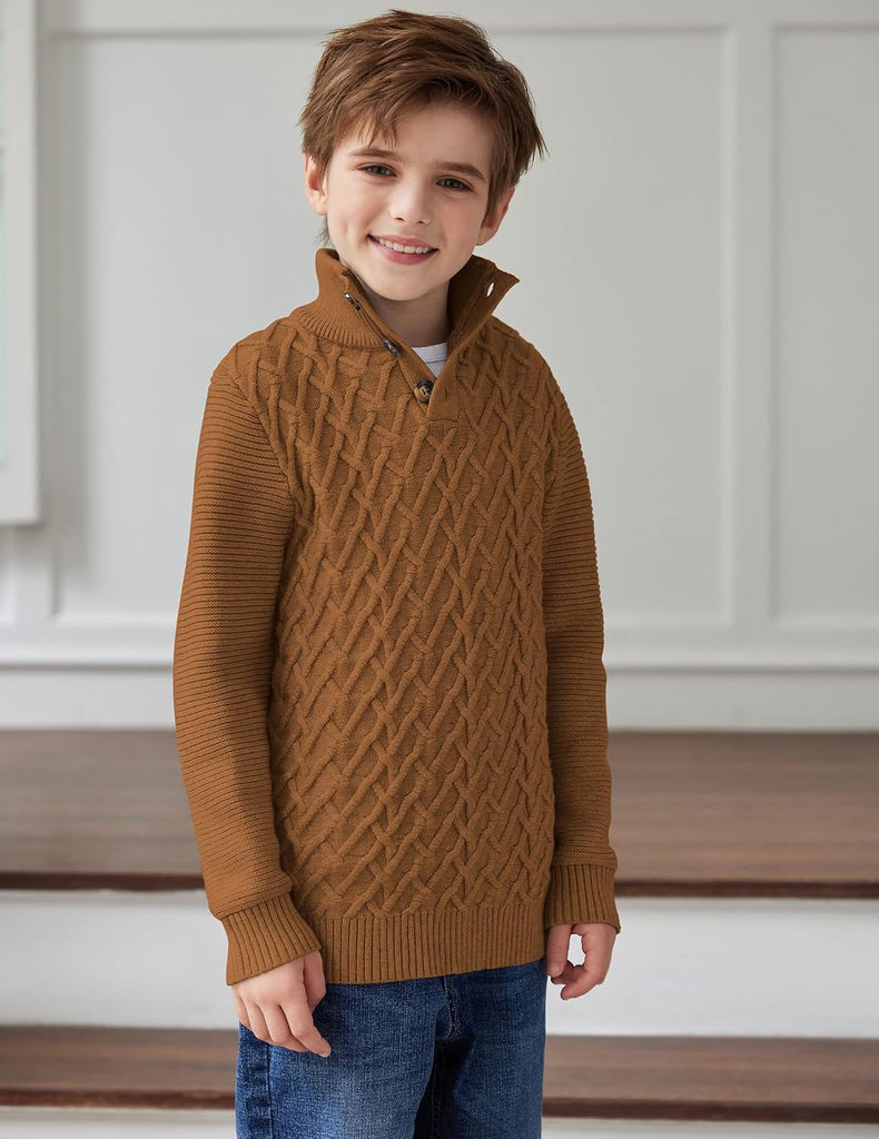 Boys Turtleneck Sweater Long Sleeve Cable Knit Button Up Pullover Winter Warm Tops for Kids