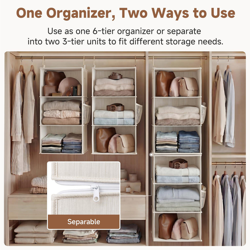 Hanging Closet Organizer, 6-Shelf with 2-in-1 Design