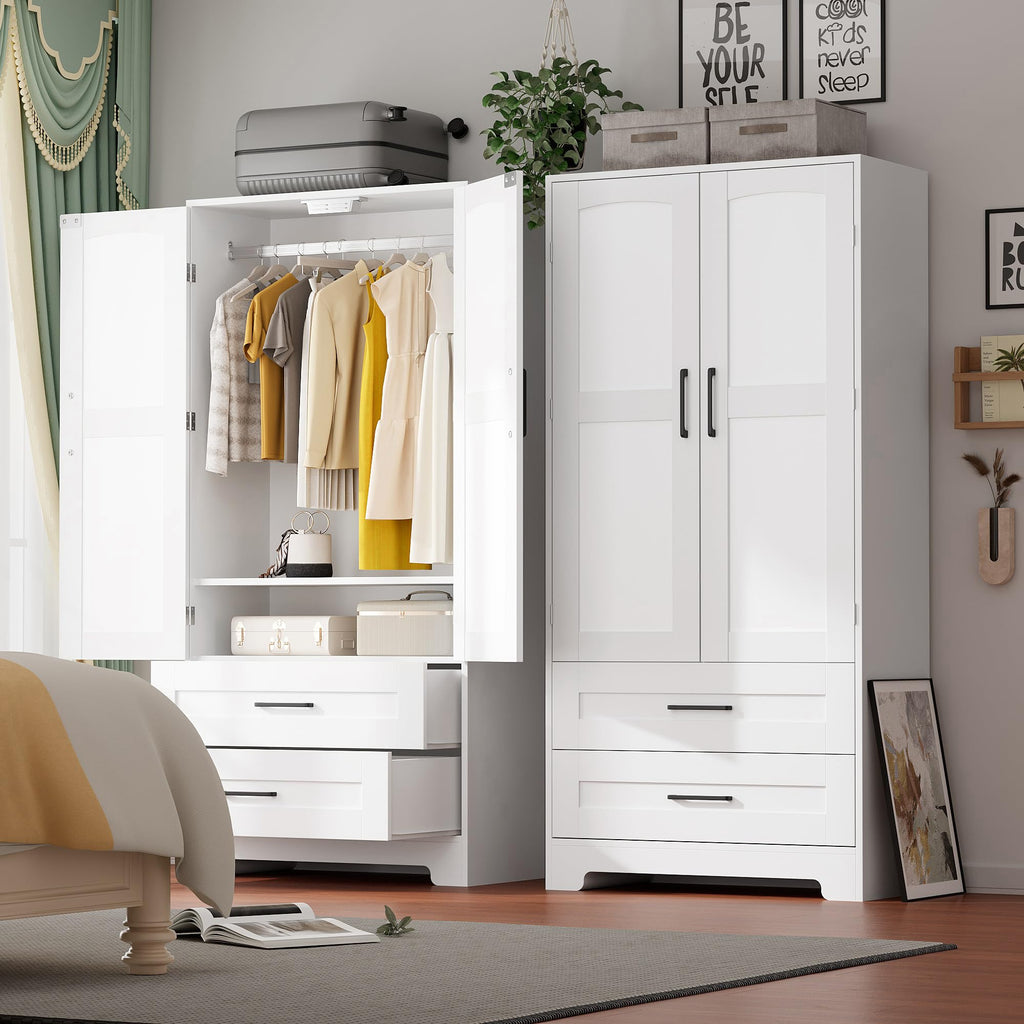 Wooden Armoire Wardrobe Closet, Bedroom Armoires with Door and Drawers, Freestanding Wardrobe Clothing Storage