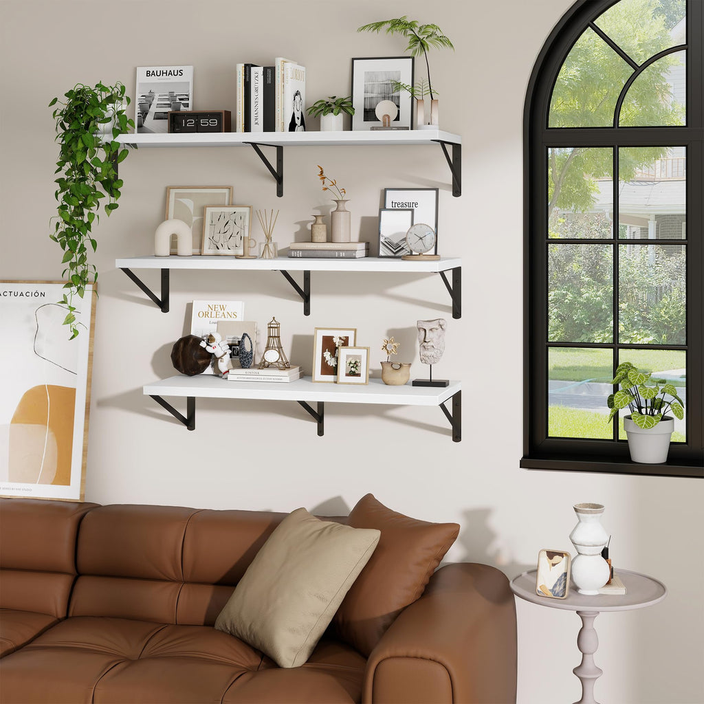 12" Deep Wall Shelves with Metal Brackets, 48" Wide, White Finish, 2pcs