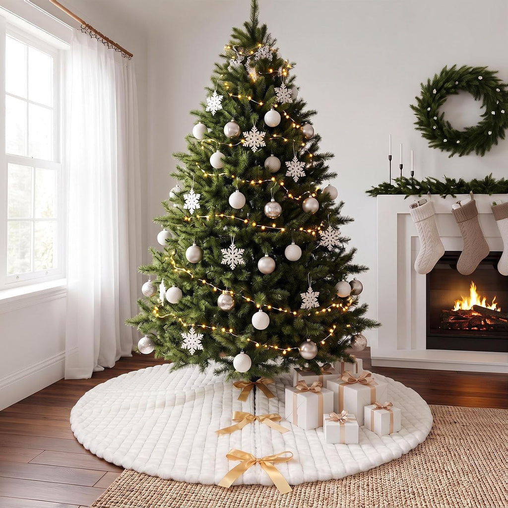 Christmas Tree Skirt, 60-Inch White Faux Fur Decor