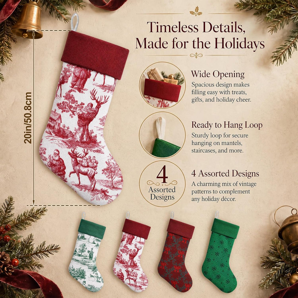 4 Pcs 20" Vintage Christmas Stockings Large Toile Xmas Stockings