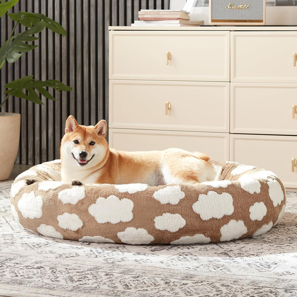 Jacquard Donut Round Dog Beds Medium Sized Dog, Brown 30x30x8in, Removable Washable Cover, Cute Pattern, Ultra Soft